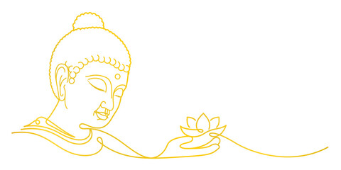 buddha head and lotus flower line art with golden color for vesak day