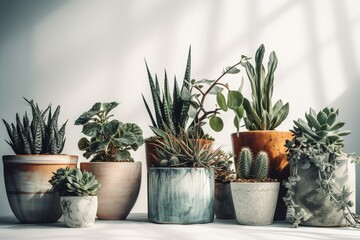Pretty potted plants on white background. Drawn. Generative AI