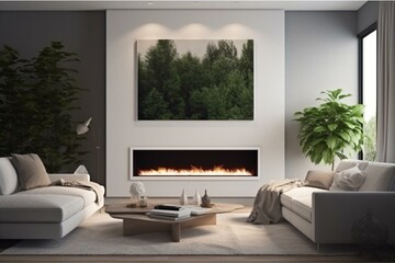 Living room with white interior, frame mockup on fireplace with plants in 3d render. Generative AI