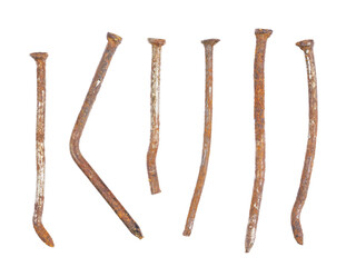 Set of old deformed and rusted nails close-up, isolated on transparent background