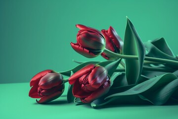 Twisted red tulips on light green backdrop with room for text. Vibrant, ethereal, natural, dynamic, April, design, space, seasonal, growth, liberty. Generative AI