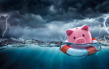 Rescue Savings and Banking Insurance Concept - Piggy Bank At Risk To Drowning In Debt - Contain 3d Rendering