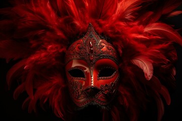 Isolated carnival mask adorned with red feathers. Generative AI