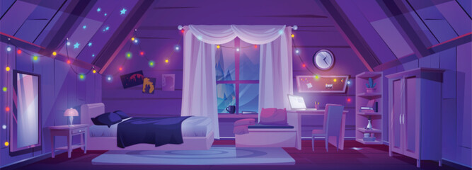 Cartoon attic room interior with girly furniture at night. Vector illustration of dark teenagers bedroom with laptop on desk, cozy bed and chair, mirror on wall, garland lights, forest view in window © klyaksun