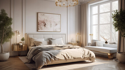 Bedroom design that combines the sleekness of Scandinavian design with the luxury. Generative AI