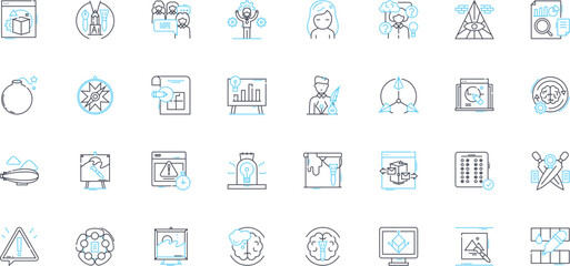 Innovation and originality linear icons set. Novelty, Ingenious, Piering, Inventive, Fresh, Unconventional, Trailblazing line vector and concept signs. Generative AI