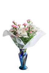 Vase with white chrysanthemum flowers on white background.