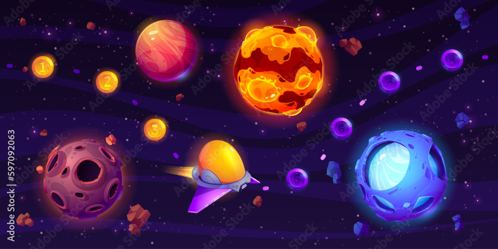 Poster space ui game level map with planet vector screen background. 2d solar alien spaceship in fantasy un