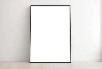 Simple dark wood frame mockup lean against wall on wooden floor, A4 wall art template canvas, transparent space for your design.
