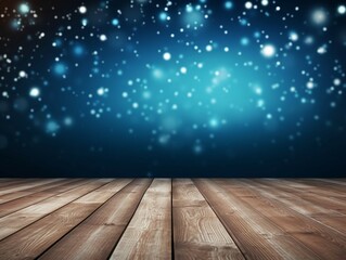 Winter snowy stage background with wooden flooring and Christmas lights on blue background, banner format, copy space. AI generative