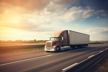 Truck with container on highway, cargo transportation, generative ai