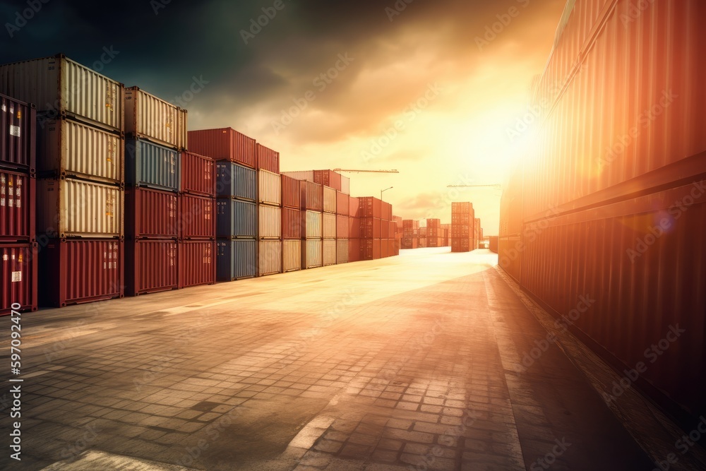 Poster stacked shipping containers in a port. generative ai
