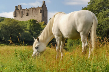 White horse in meadow with a castle in background. digital ai art