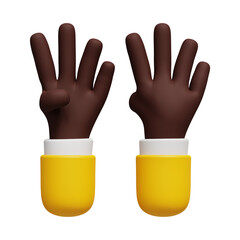 3D African American cartoon character hand on transparent background. Four-fingered social icon. Hand view from Front and back. 3D render