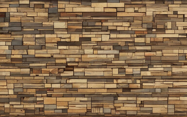 Abstract decorative wooden wall, mosaic geometric wooden texture. Copy space, decorative background. Generative AI