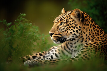 Obraz premium Сlose up portrait of a leopard. Beautiful leopard the savannah. Digital ai art 