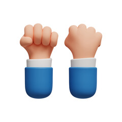 3D cartoon character hand fist gesture in business attire on transparent background. Strength and activism. Hand view from Front and back. 3D render