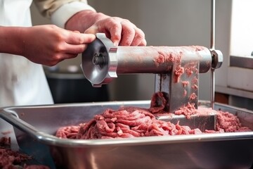 The butcher's hands are setting up the meat grinder. Close-up. Generative AI