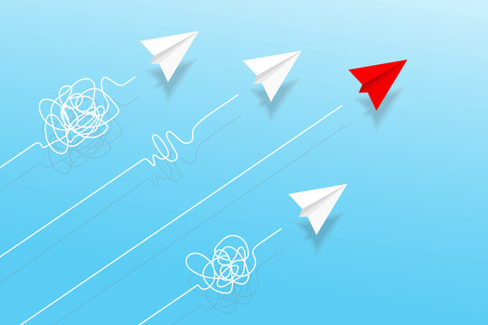 Top view of paper planes with doodle line in the sky. Origami aircraft. Geometric shape symbol. Concept of business, leadership, solution, success, education, teamwork, mission target, think different