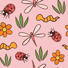 cute colorful hand drawn cartoon seamless pattern illustration with ladybugs, worms, daisy flowers and dragonflies on pink background