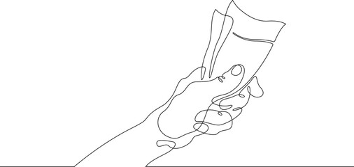 One continuous line. The hand holds a banknote. Money signs. Banknote in hand. Paper money. Hand palm. One continuous line drawn isolated, white background.