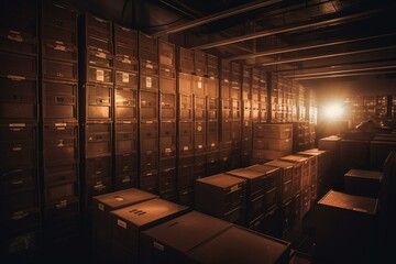 Boxes in lit storage facility, digital visual. Generative AI
