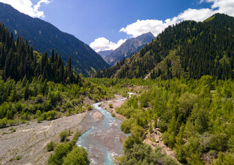 Fantastic beautiful bird's-eye view of the Issyk river valley above the lake.