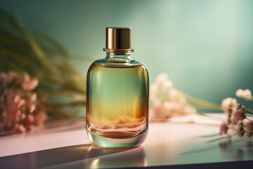 Obraz na płótnie Canvas Cosmetic perfume glass bottle on a beautiful aesthetic background. Generative Ai.