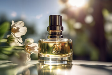 Fototapeta na wymiar Cosmetic perfume glass bottle on a beautiful nature and aesthetic background. Generative Ai.