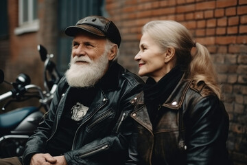 Fototapeta premium Retrato de una pareja de un hombre y una mujer moteros, motociclistas, maduros, canosos. Concepto de libertad y vida activa. Generative AI.
