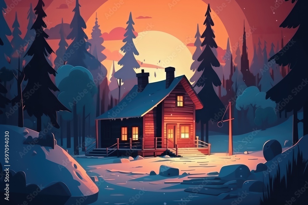 Wall mural cozy cabin nestled in the heart of a snowy forest, with smoke curling from the chimney and a warm gl