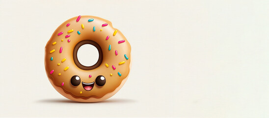 Cute donut character isolated on white background. Panoramic Generative AI illustration with space for text.