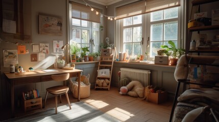 Fototapeta premium A home office corner with a small play area for kids. 