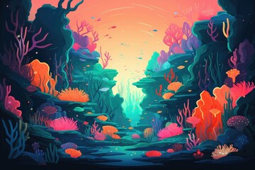 Fototapeta na wymiar Underwater paradise teeming with life, with brightly colored fish and corals, and shafts of sunlight piercing the depths in a mesmerizing display. Generative AI