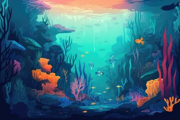 Underwater paradise teeming with life, with brightly colored fish and corals, and shafts of sunlight piercing the depths in a mesmerizing display. Generative AI