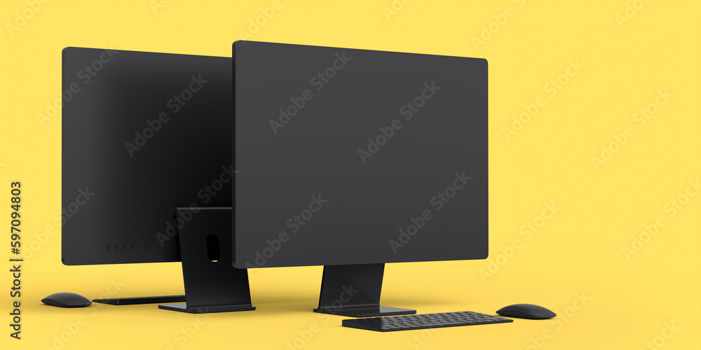 Aufkleber set of computer tablet with keyboard and blank screen isolated on yellow