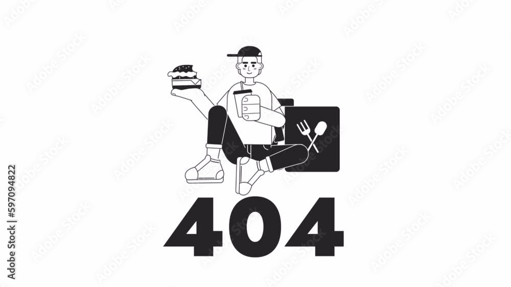 Poster delivery break bw 404 animation. fast food restaurant worker. empty state 4k video concept footage w
