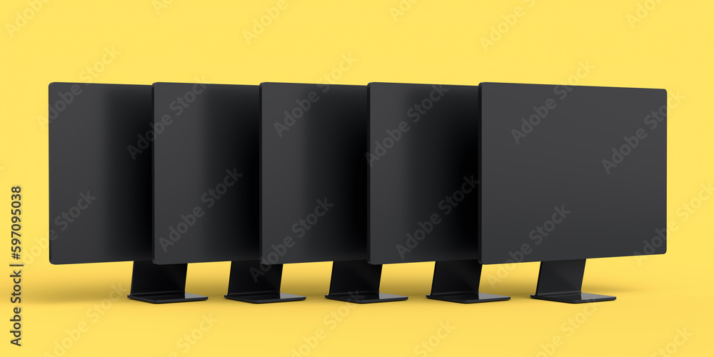 Aufkleber set of desktop computers with blank screen display isolated on yellow background