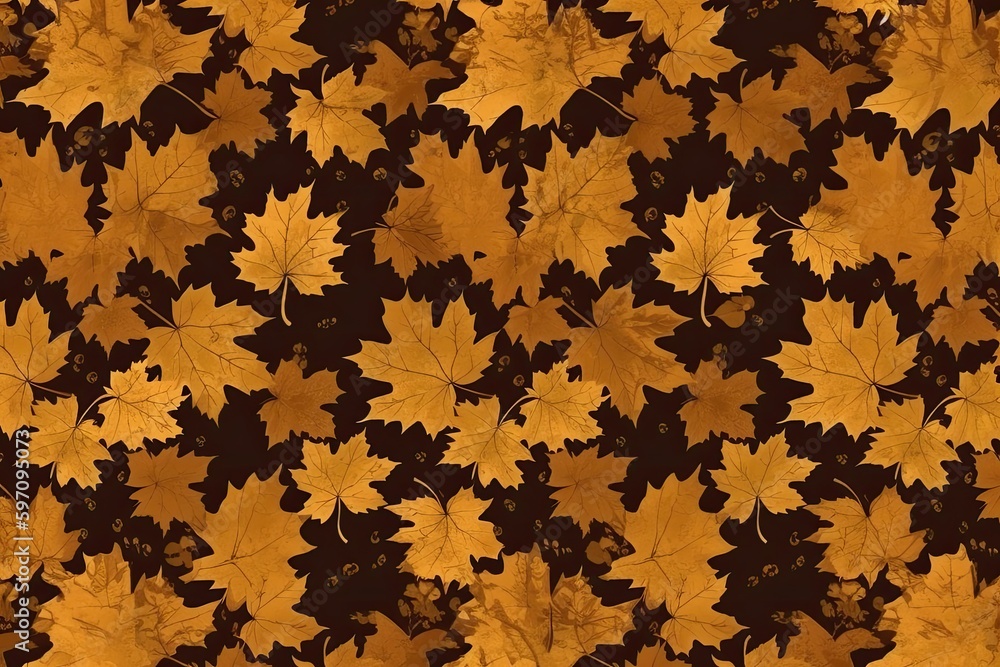 Poster yellow leaves arranged in a repeating pattern on a black background. generative ai