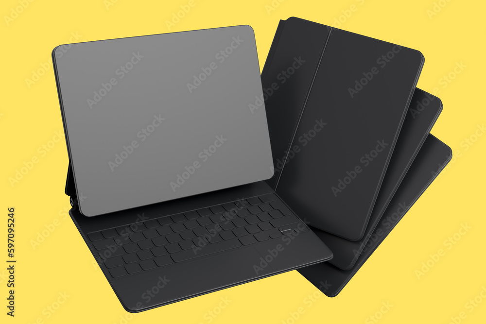 Poster set of computer tablet with keyboard and blank screen isolated on yellow