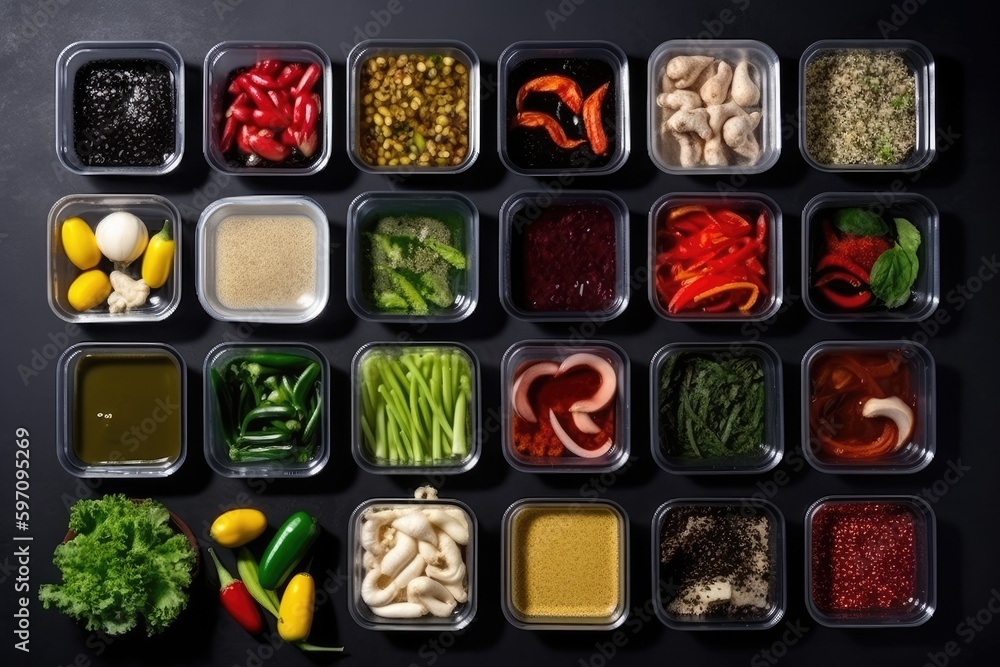 Poster table filled with colorful food containers and dishes. generative ai