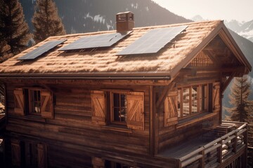 Log cabin in alps with solar panels on roof. Generative AI