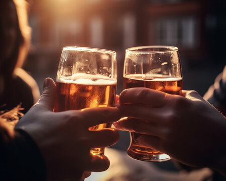 Nahaufnahme von zwei Freunden, die bei Sonnenuntergang mit Bier anstoßen, generative AI