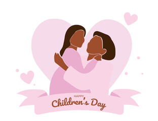 Happy Children's Day card. Black mom hugs the child. Mother hugs her daughter. Faceless vector illustration. EPS 10. 