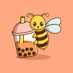 Vector Cute Bee Hanging On Bubble Tea Cartoon Character Illustration