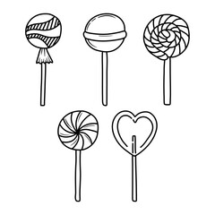 Vector hand drawn outline illustration of sweet candies. Set of candy lolipop Black contour doodle in line art style. 