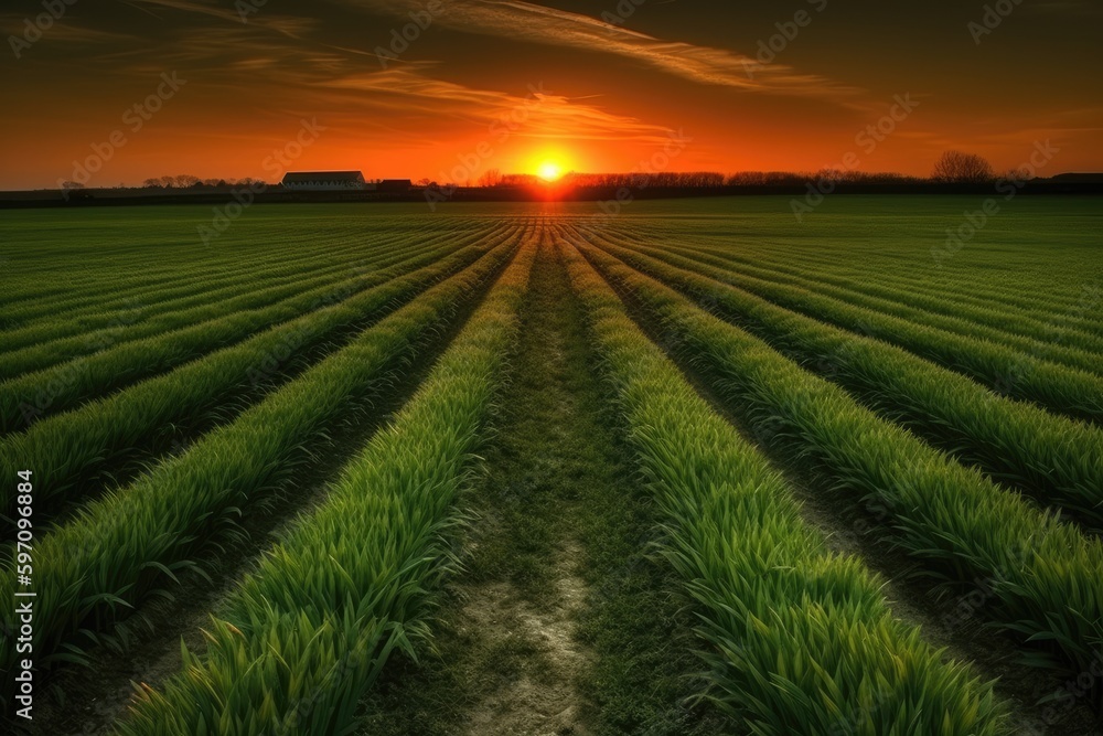 Poster sun setting over a field of grass. generative ai