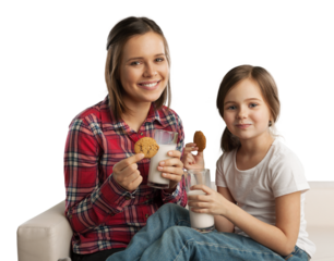 Happy mother and her daughter smiling while drinking milk and eating
