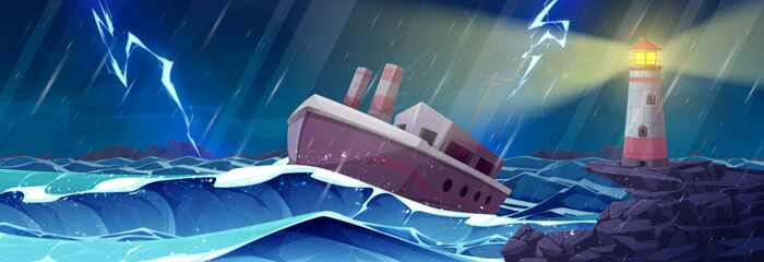 Cartoon thunder storm sea with lighthouse at night vector landscape illustration. Danger scene with ship in rainy ocean and thunderstorm. Light navigation from beacon lamp nautical background