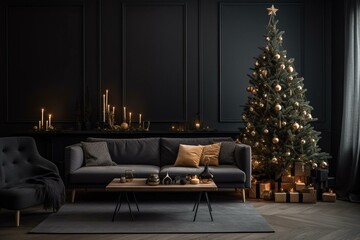 Scandinavian-style living room with Christmas tree, gifts, black sofa, and dark wall mockup. Generative AI
